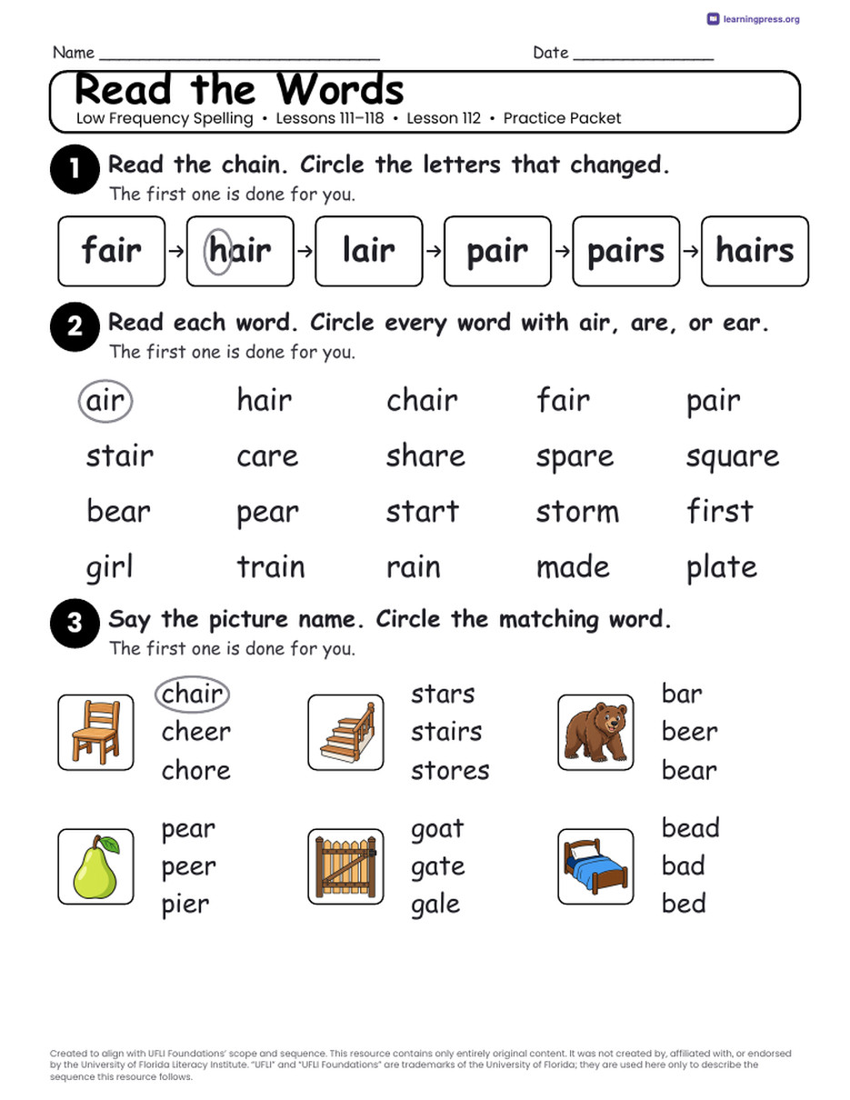 Preview page 4 of UFLI Aligned Worksheets · Lessons 111 – 118 · Low Frequency Unit Bundle
