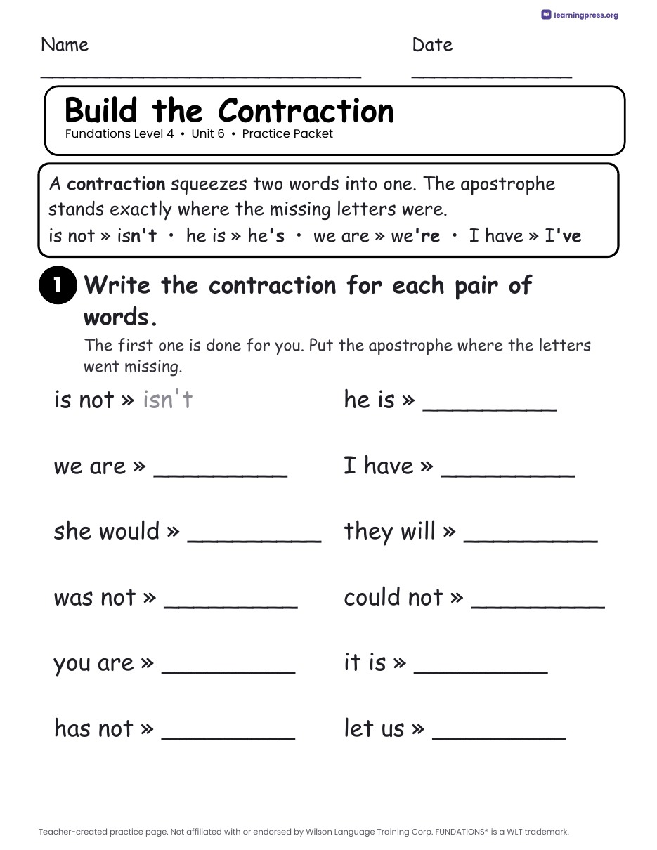 Preview page 1 of Fundations Level 4 Unit 6 Worksheets