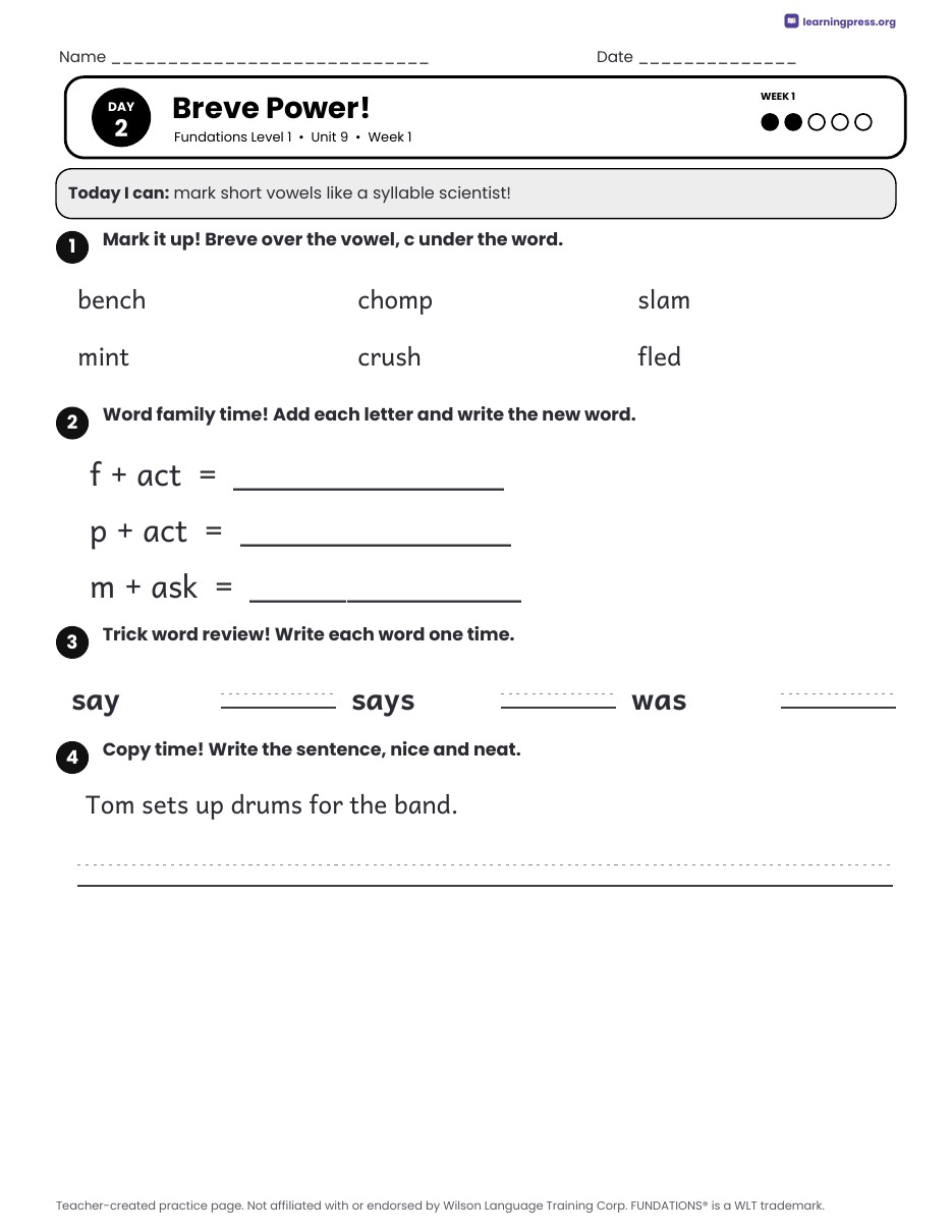 Preview page 1 of Fundations Level 1 Unit 9 Daily Lesson Work Pages