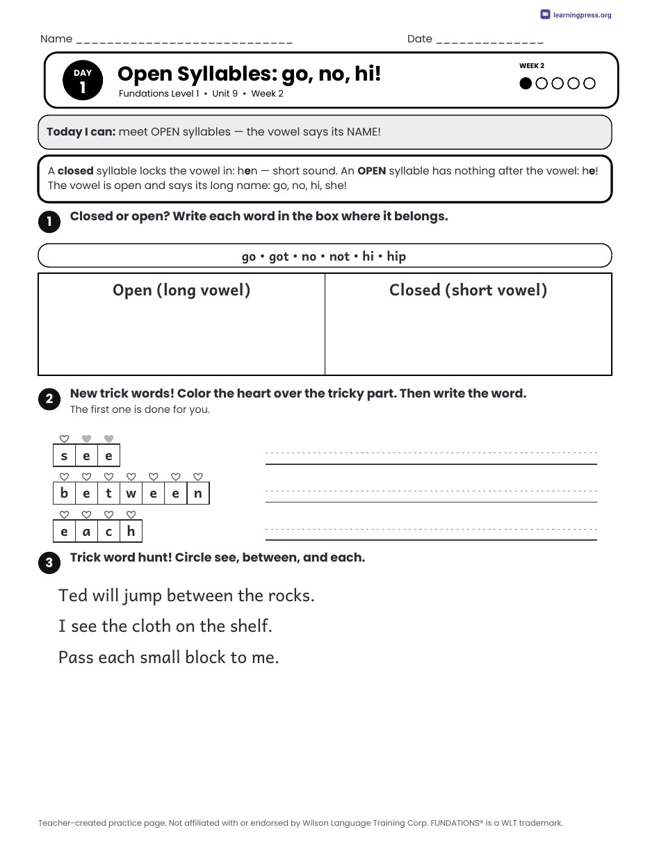 Preview page 3 of Fundations Level 1 Unit 9 Daily Lesson Work Pages