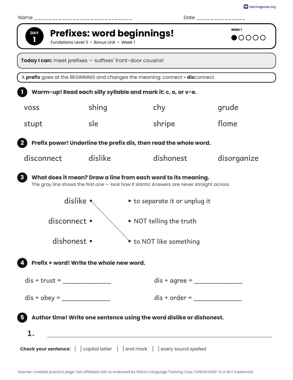 Preview page 1 of Fundations LEVEL 3 — Full-Year Daily Lesson Work Page Bundle (All Units 1–14 + Bonus)