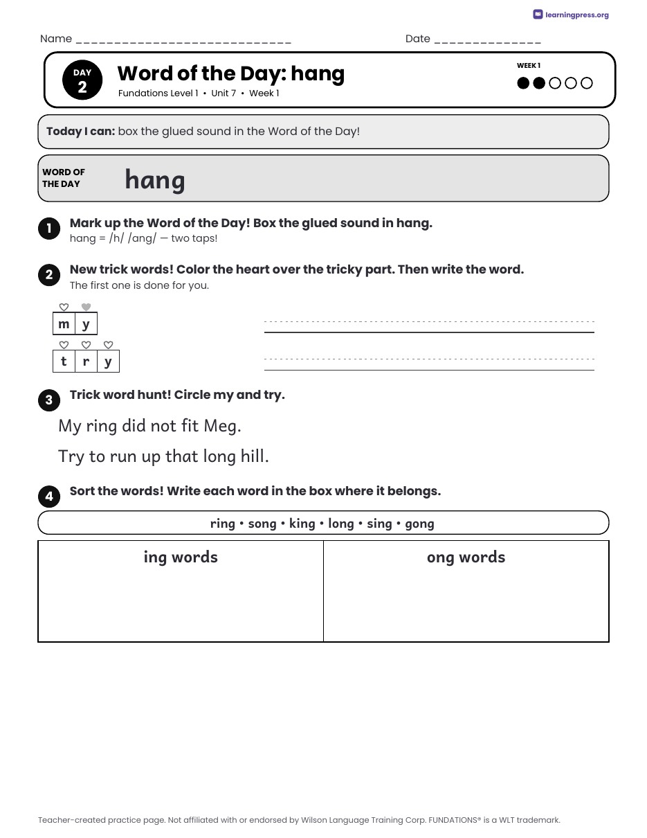 Preview page 1 of Fundations Level 1 Unit 7 Daily Lesson Work Pages