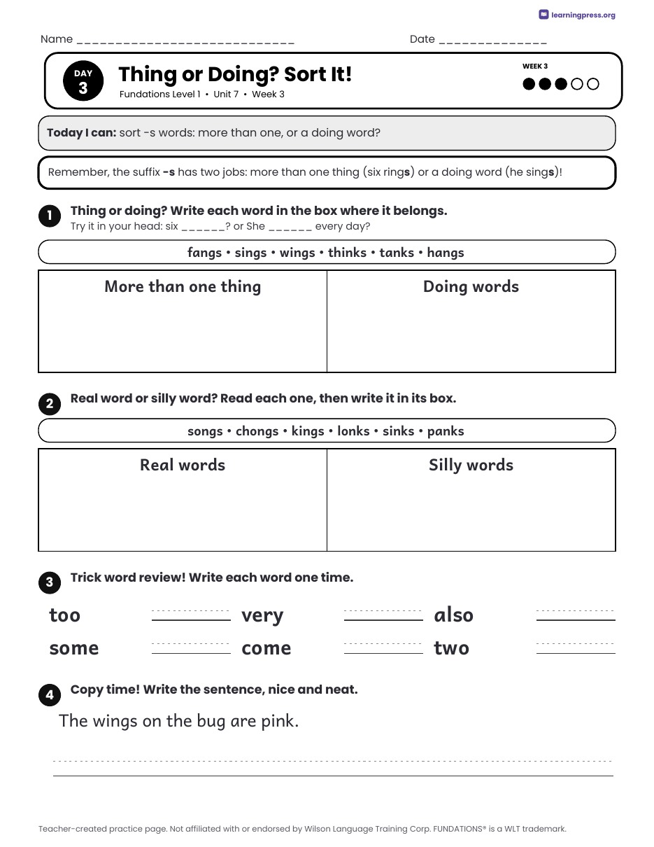 Preview page 4 of Fundations Level 1 Unit 7 Daily Lesson Work Pages