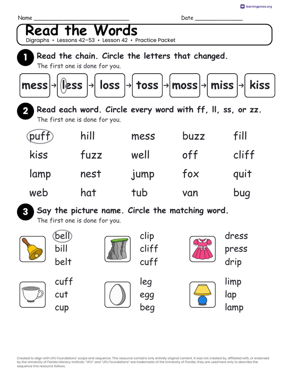 Preview page 2 of UFLI Aligned Kindergarten Worksheets · Lessons 42 – 53 · Digraphs Unit Bundle