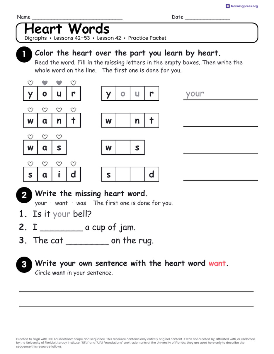 Preview page 3 of UFLI Aligned Kindergarten Worksheets · Lessons 42 – 53 · Digraphs Unit Bundle