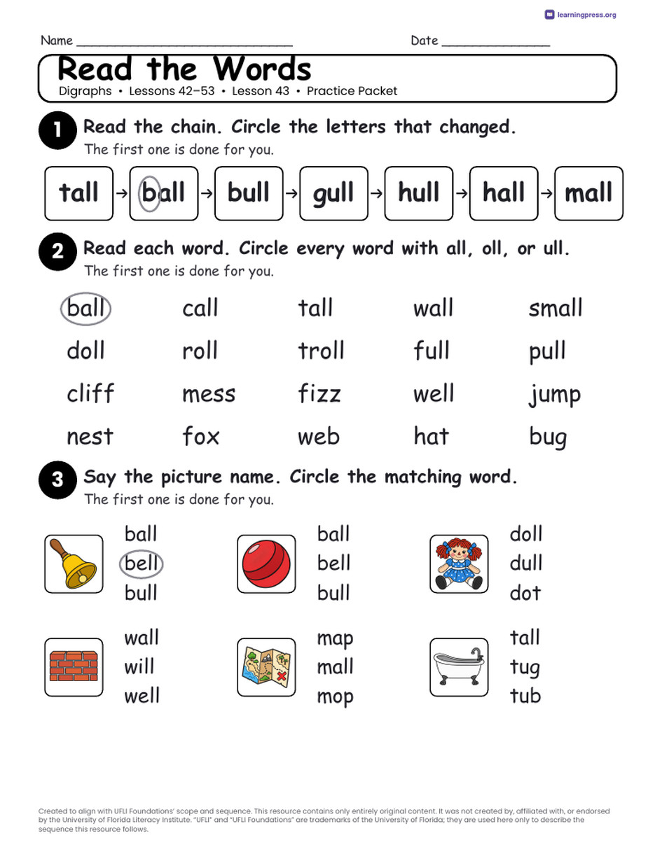 Preview page 4 of UFLI Aligned Kindergarten Worksheets · Lessons 42 – 53 · Digraphs Unit Bundle