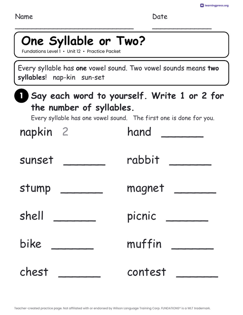 Preview page 1 of Fundations Level 1 Unit 12 Worksheets
