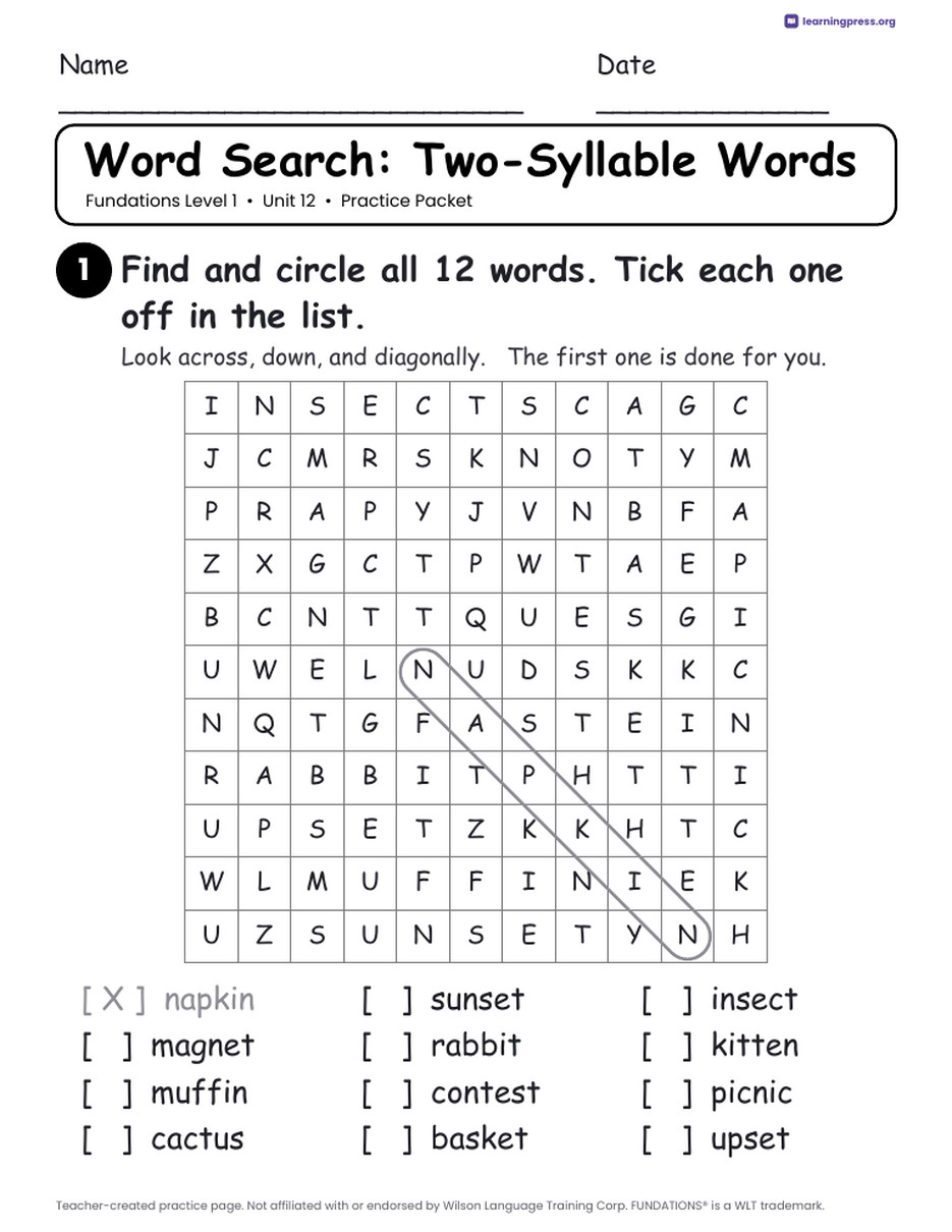 Preview page 2 of Fundations Level 1 Unit 12 Worksheets
