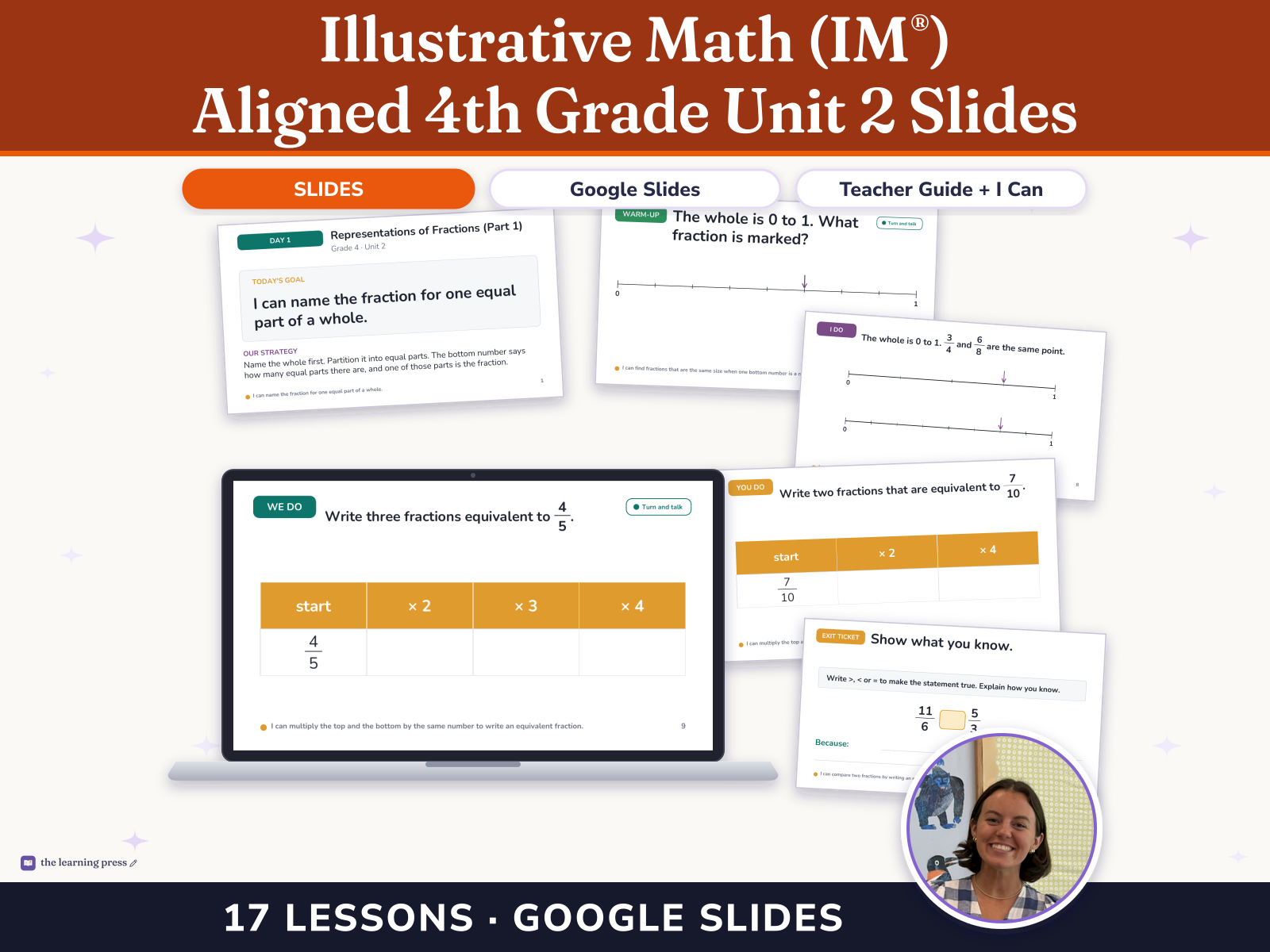 Preview page 1 of Illustrative Math (IM®) Aligned 4th Grade Unit 2 Slides: Fraction Equivalence and Comparison