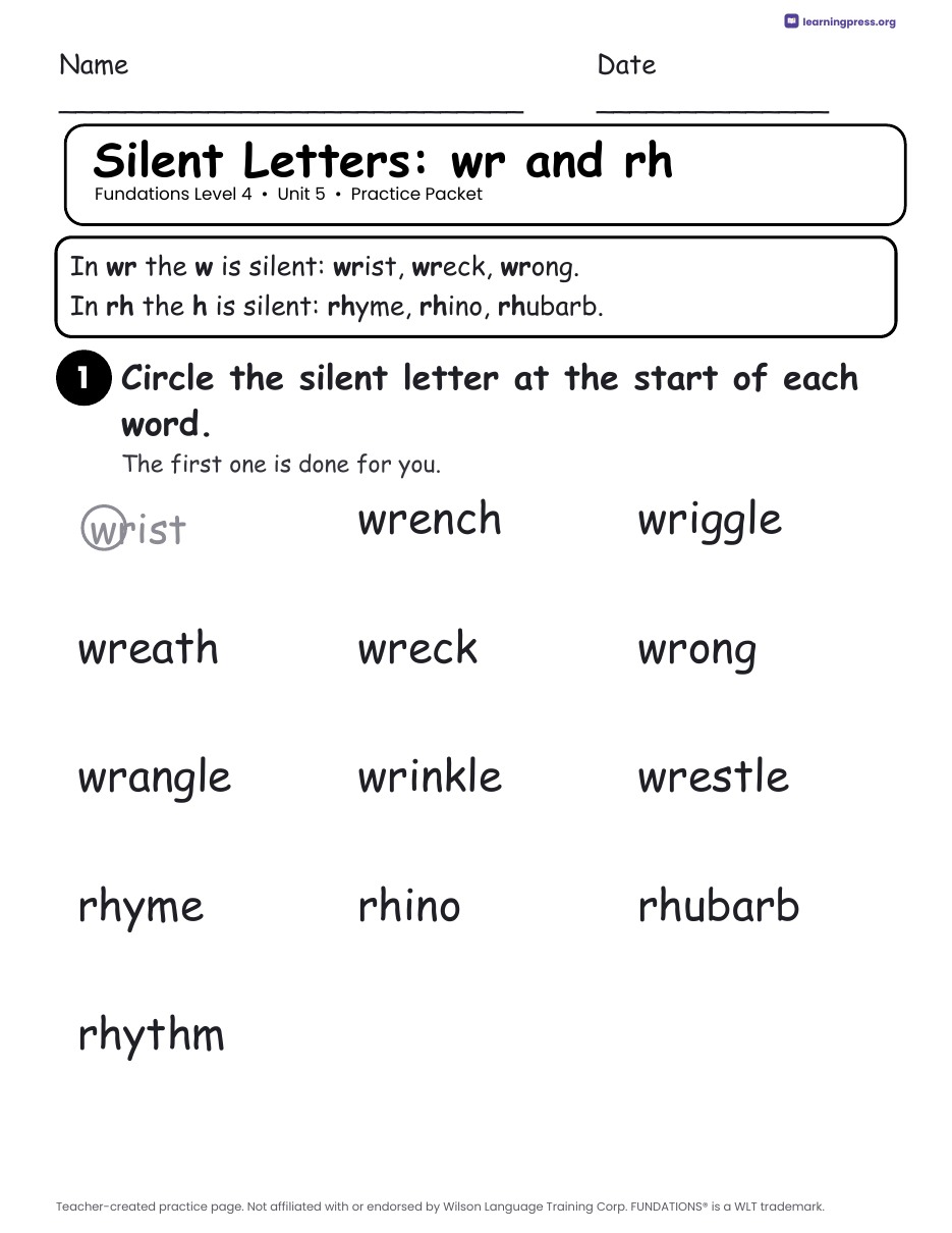 Preview page 1 of Fundations Level 4 Unit 5 Worksheets