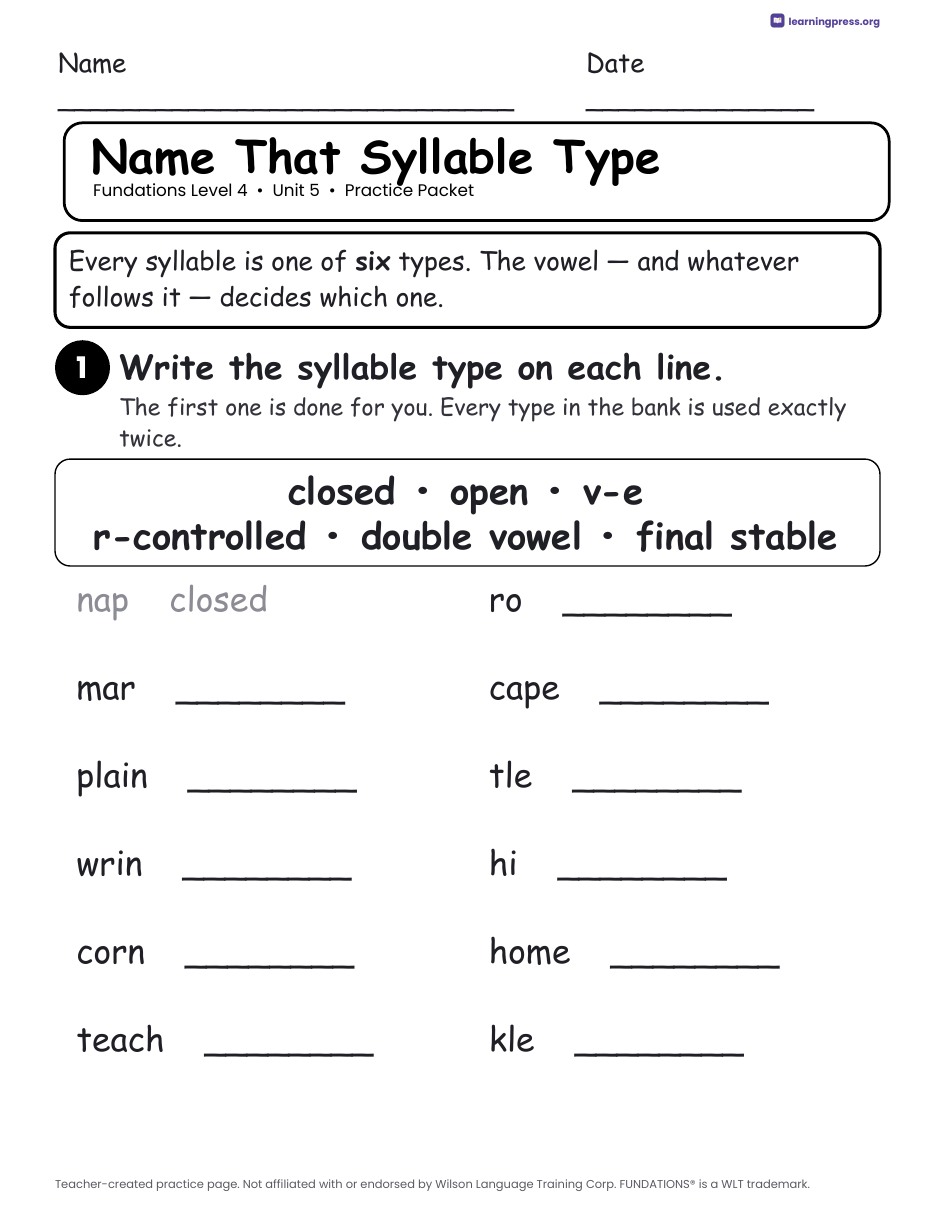 Preview page 2 of Fundations Level 4 Unit 5 Worksheets
