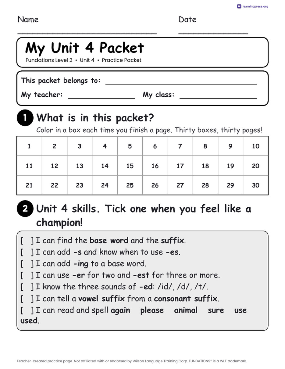 Preview page 1 of Fundations Level 2 Unit 4 Worksheets