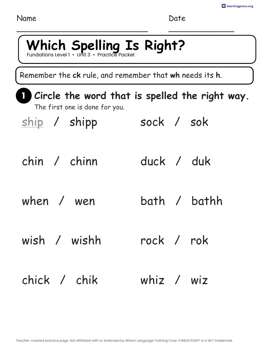 Preview page 2 of Fundations Level 1 Unit 3 Worksheets