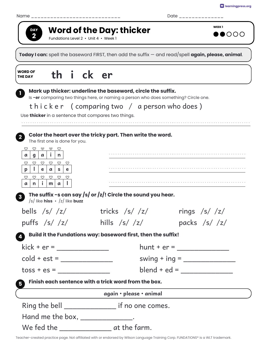 Preview page 1 of Fundations Level 2 Unit 4 Daily Lesson Work Pages