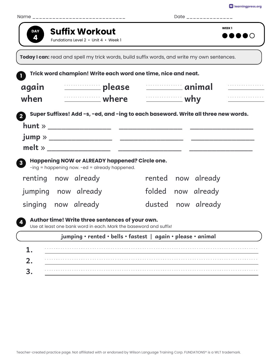 Preview page 2 of Fundations Level 2 Unit 4 Daily Lesson Work Pages