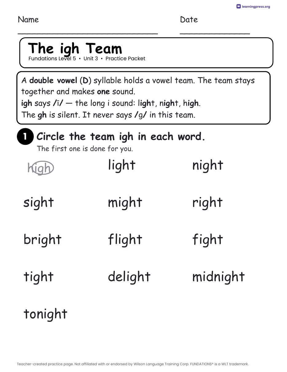 Preview page 1 of Fundations Level 5 Unit 3 Worksheets
