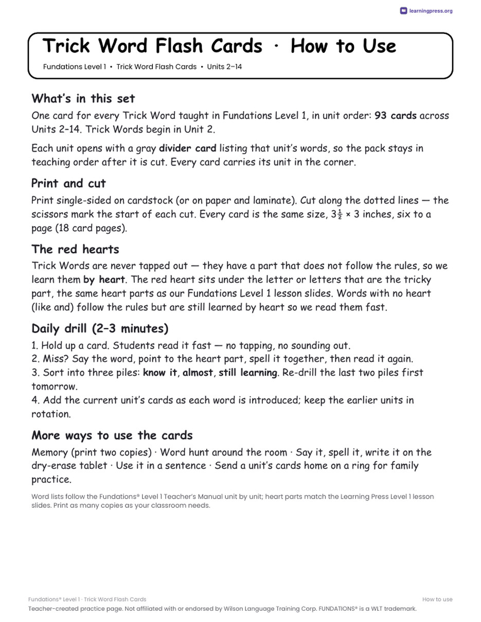 Preview page 2 of Fundations Level 1 — Trick Word Flash Cards
