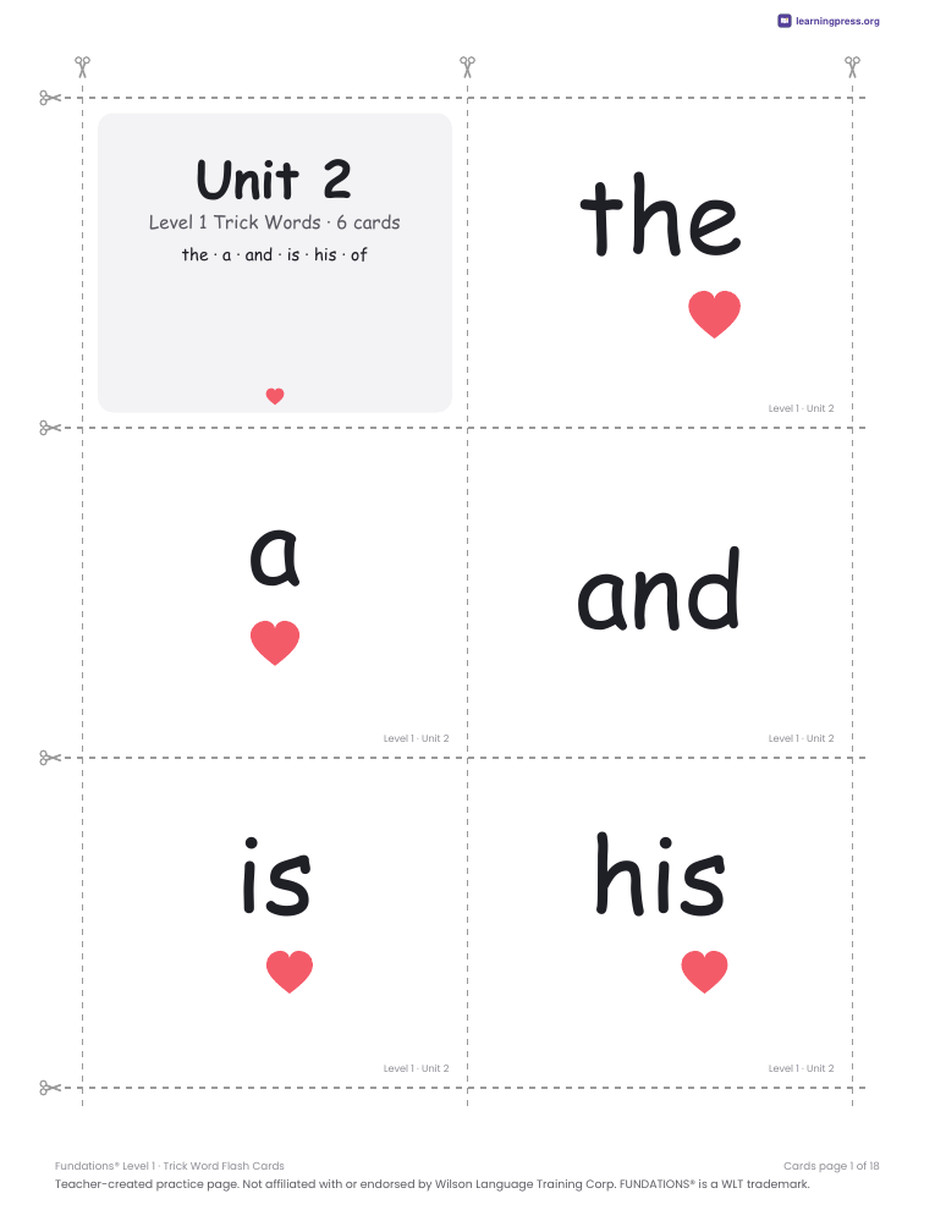 Preview page 3 of Fundations Level 1 — Trick Word Flash Cards