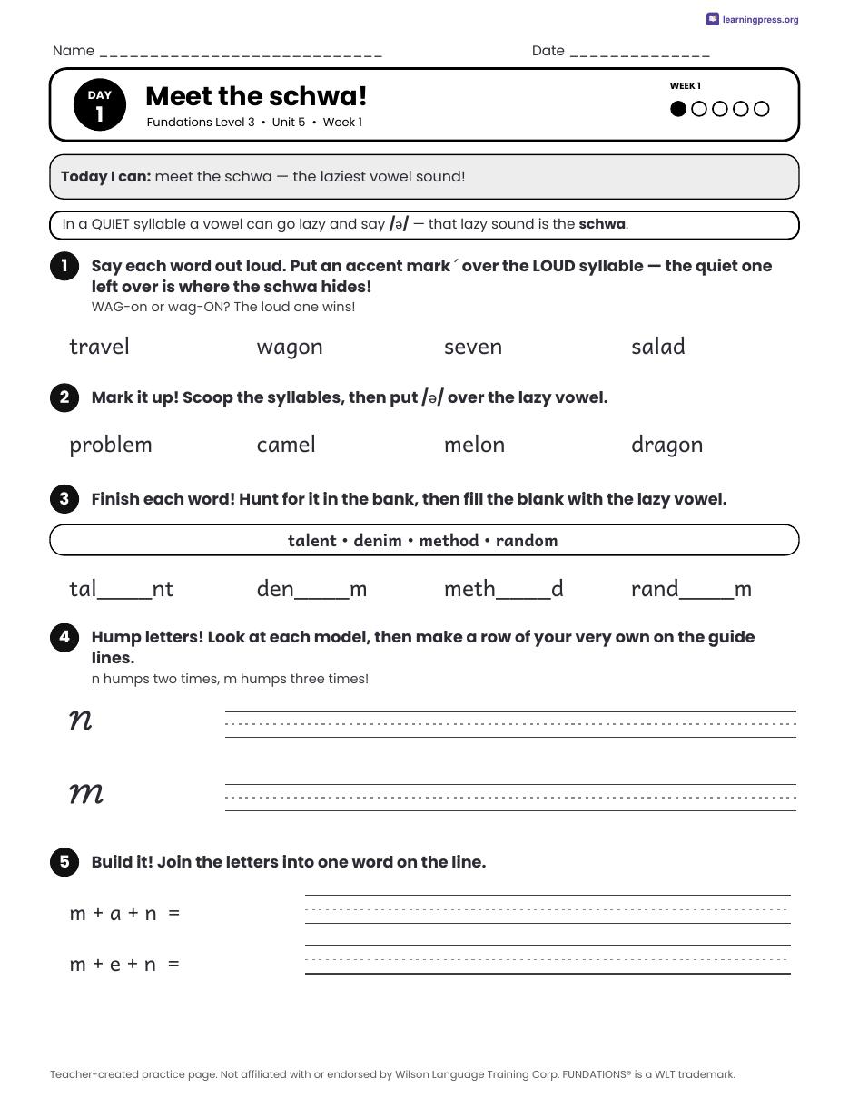 Preview page 1 of Fundations Level 3 Unit 5 Daily Lesson Work Pages