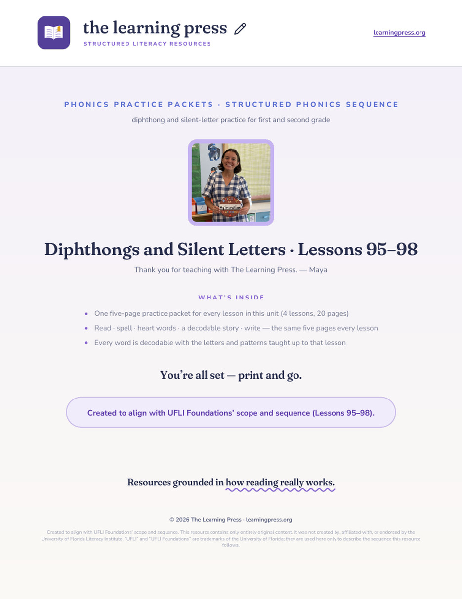 Preview page 1 of UFLI Aligned Worksheets · Lessons 95 – 98 · Diphthongs Unit Bundle