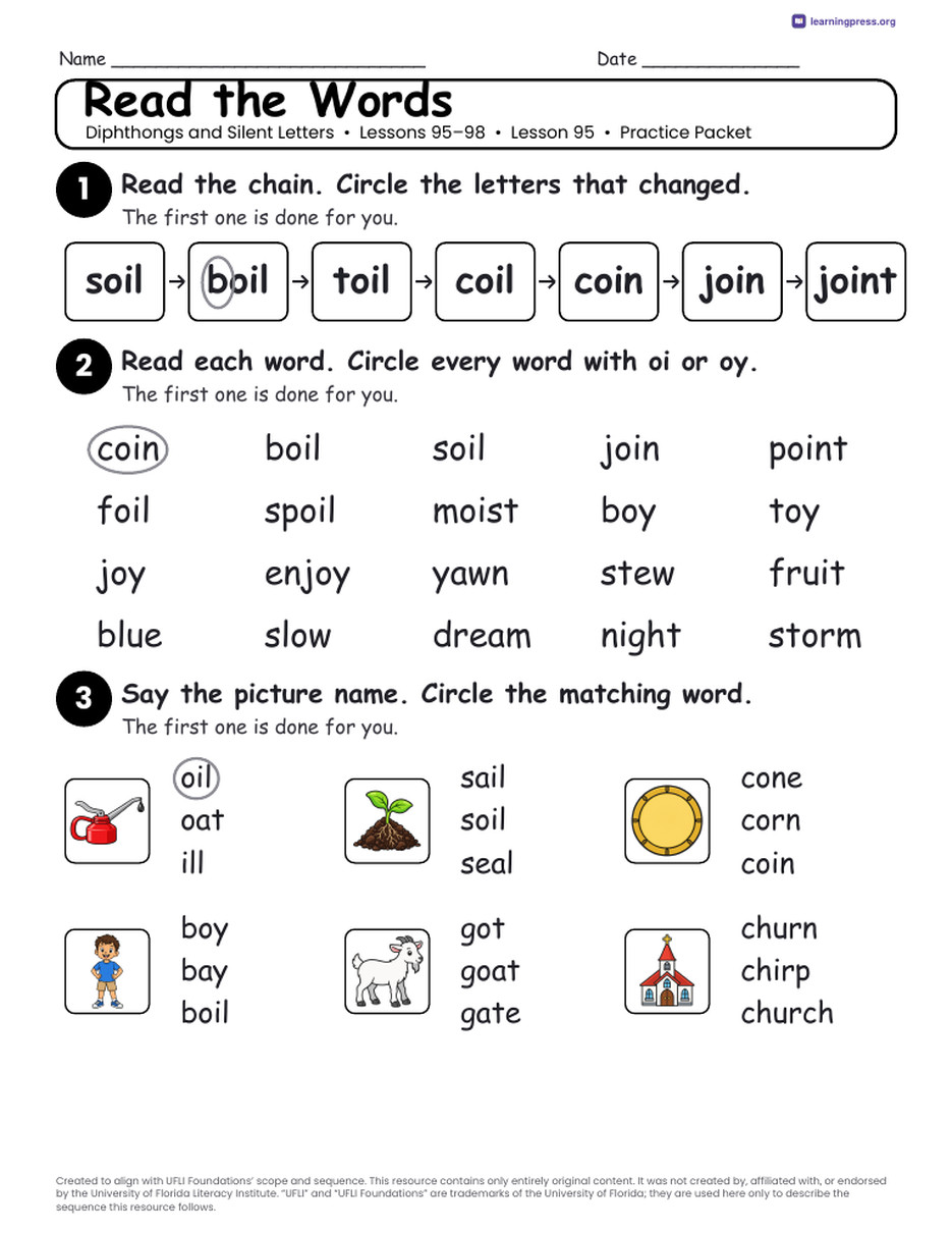 Preview page 2 of UFLI Aligned Worksheets · Lessons 95 – 98 · Diphthongs Unit Bundle