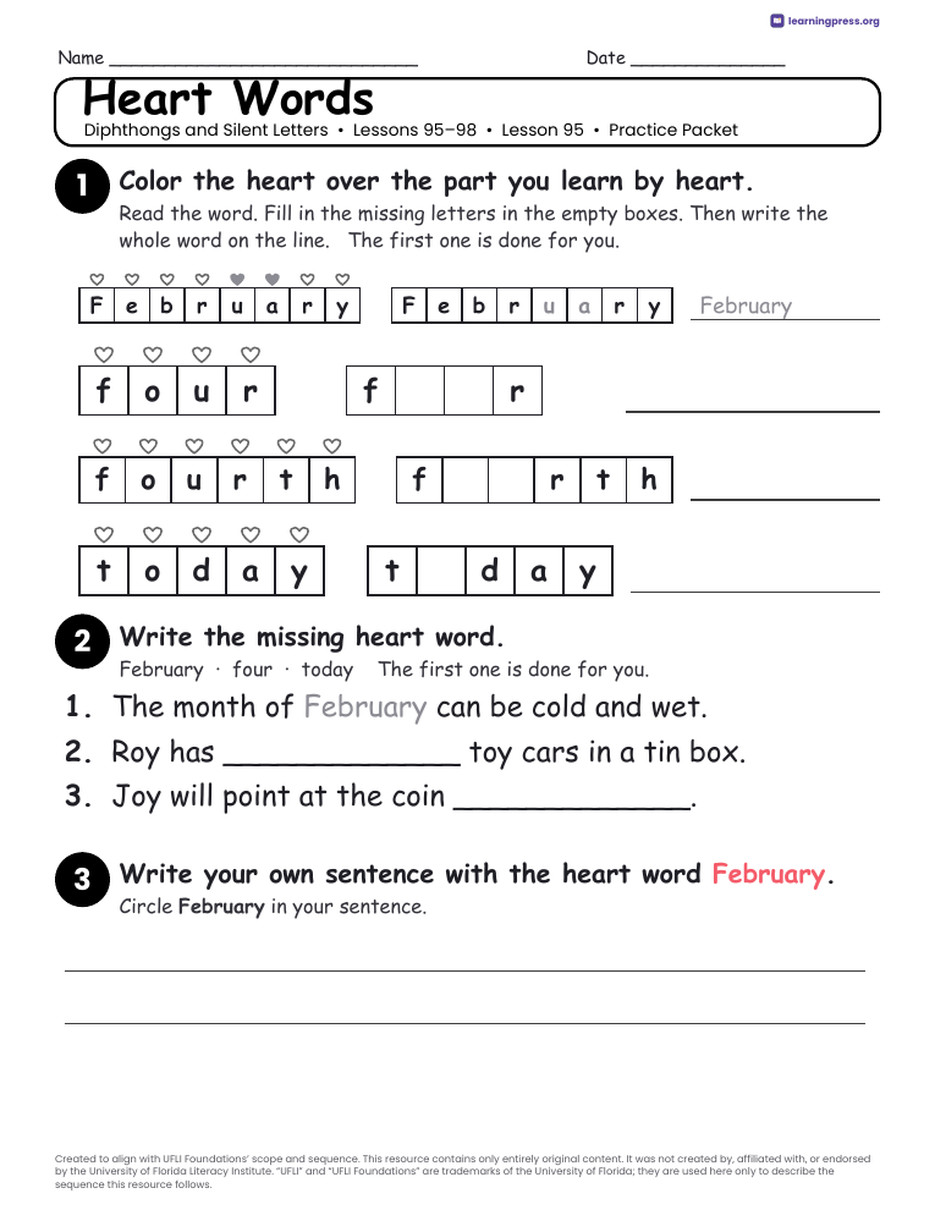 Preview page 3 of UFLI Aligned Worksheets · Lessons 95 – 98 · Diphthongs Unit Bundle