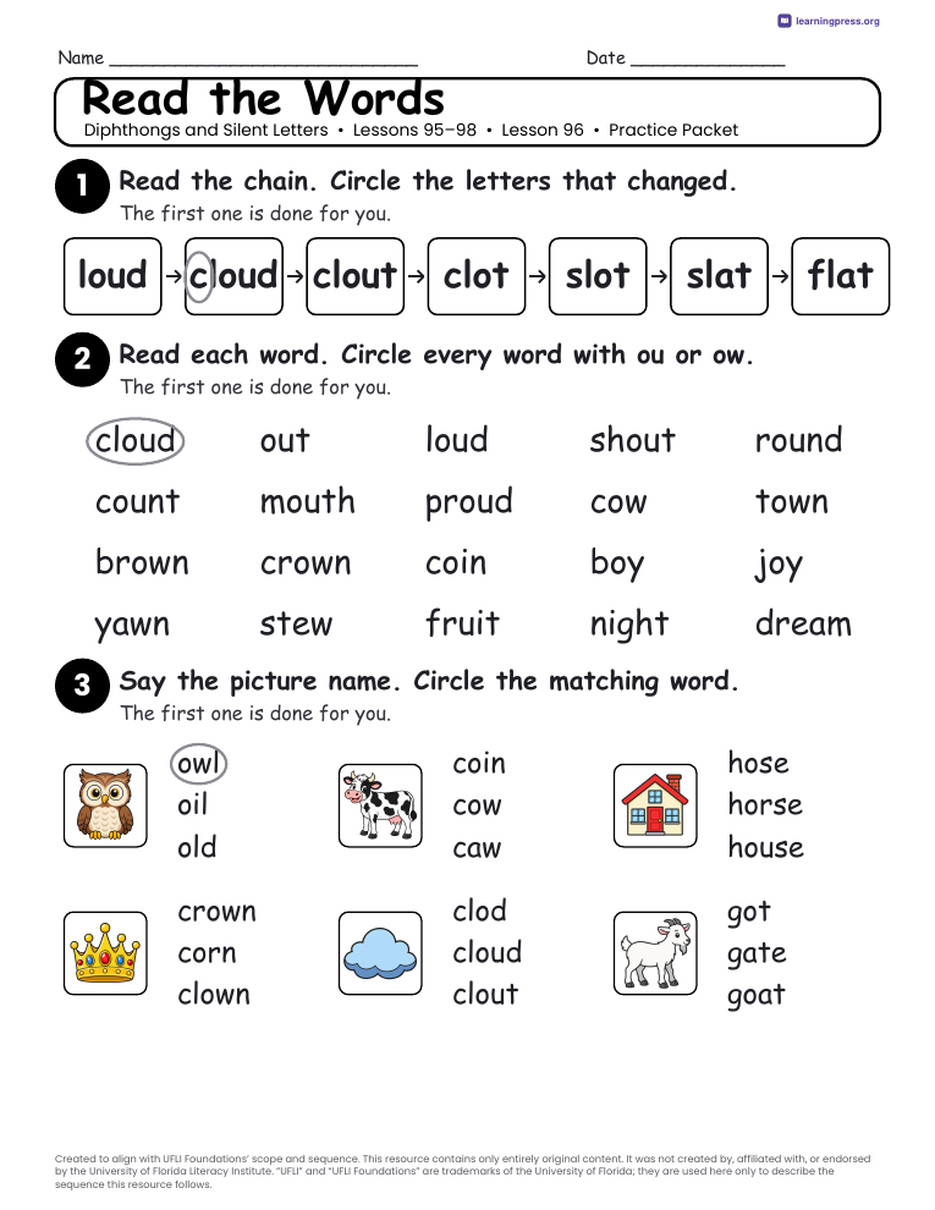 Preview page 4 of UFLI Aligned Worksheets · Lessons 95 – 98 · Diphthongs Unit Bundle