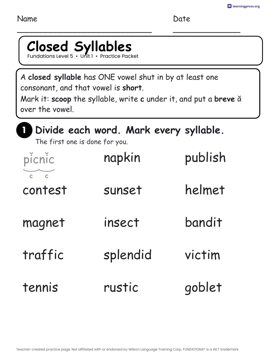 Preview page 1 of Fundations Level 5 Unit 1 Worksheets