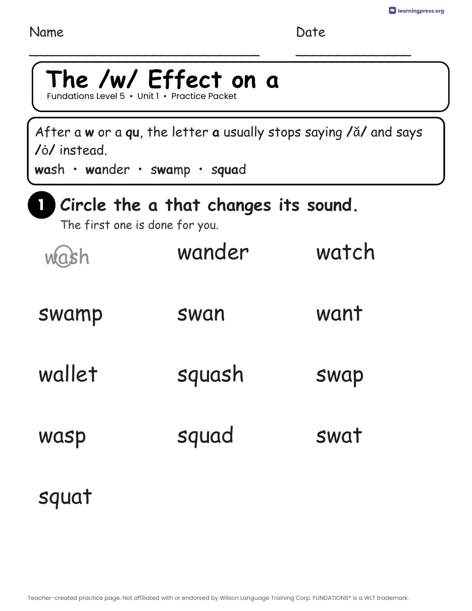 Preview page 2 of Fundations Level 5 Unit 1 Worksheets