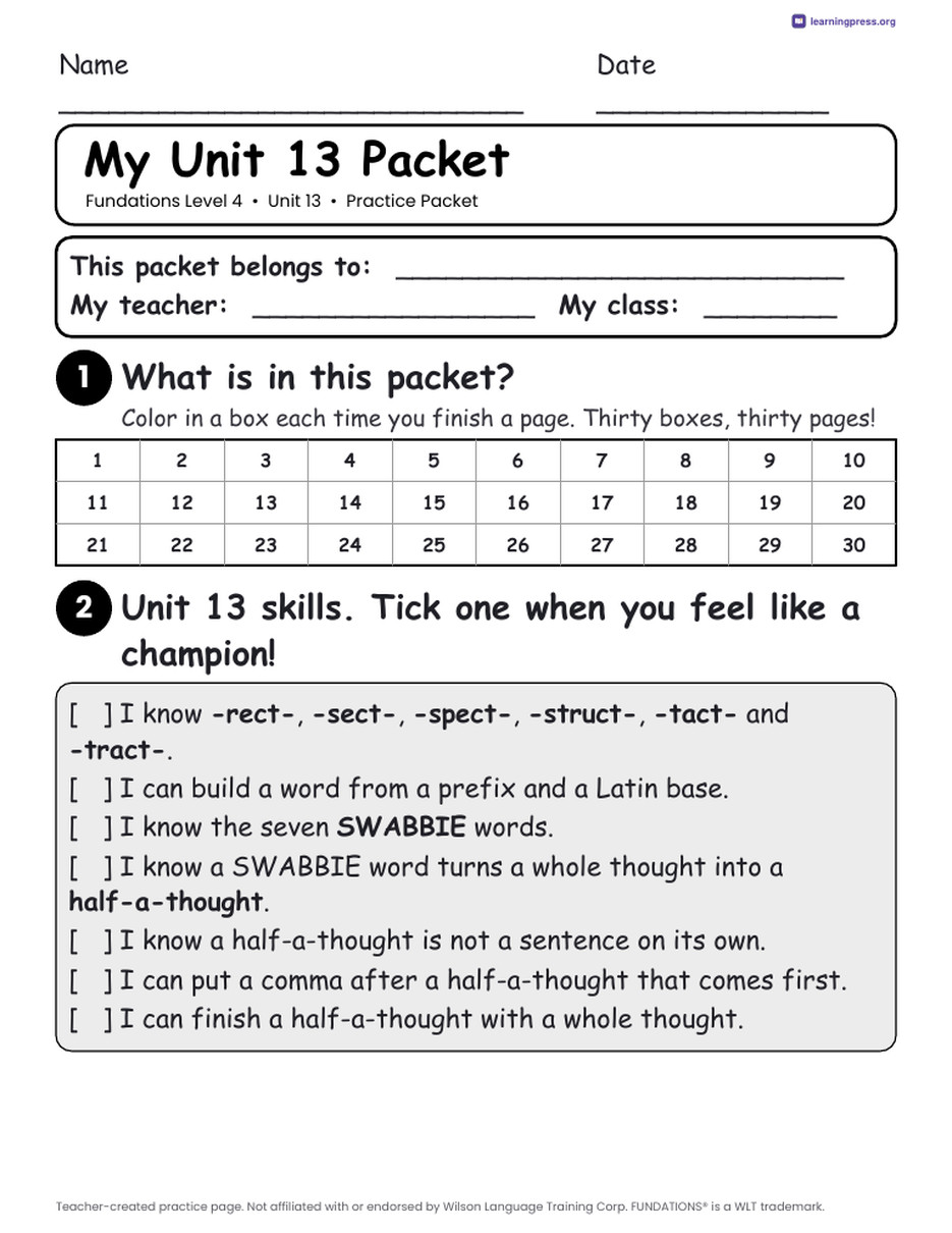 Preview page 1 of Fundations Level 4 Unit 13 Worksheets