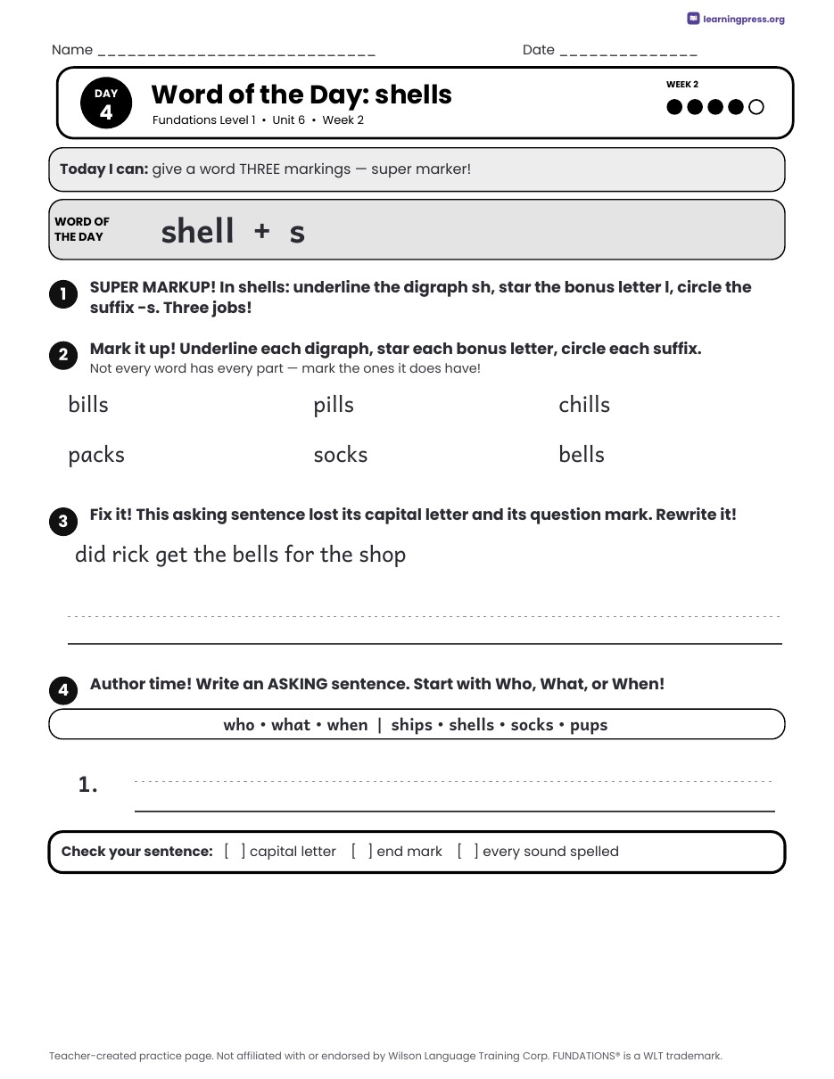 Preview page 3 of Fundations Level 1 Unit 6 Daily Lesson Work Pages