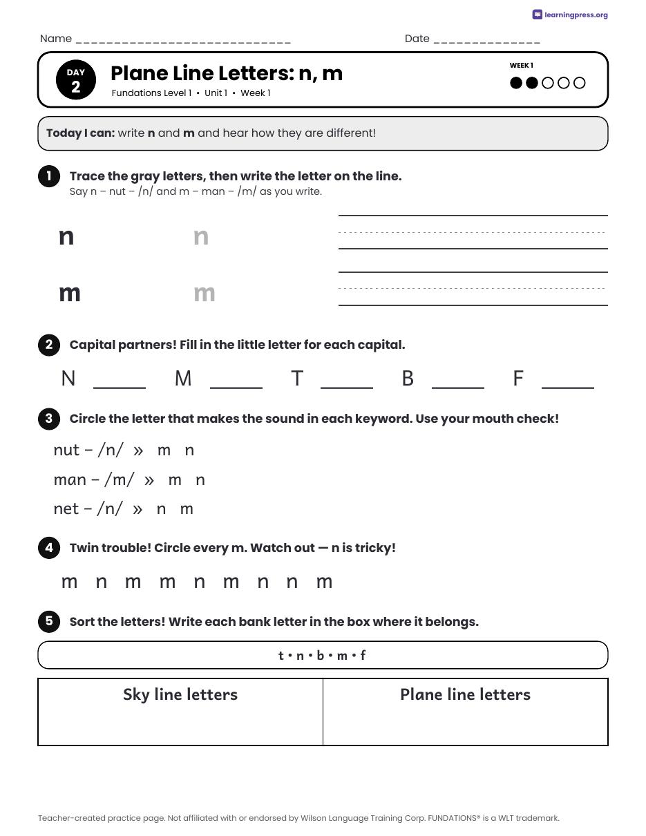 Preview page 2 of Free Fundations Level 1 Unit 1 Daily Lesson Work Pages Sample