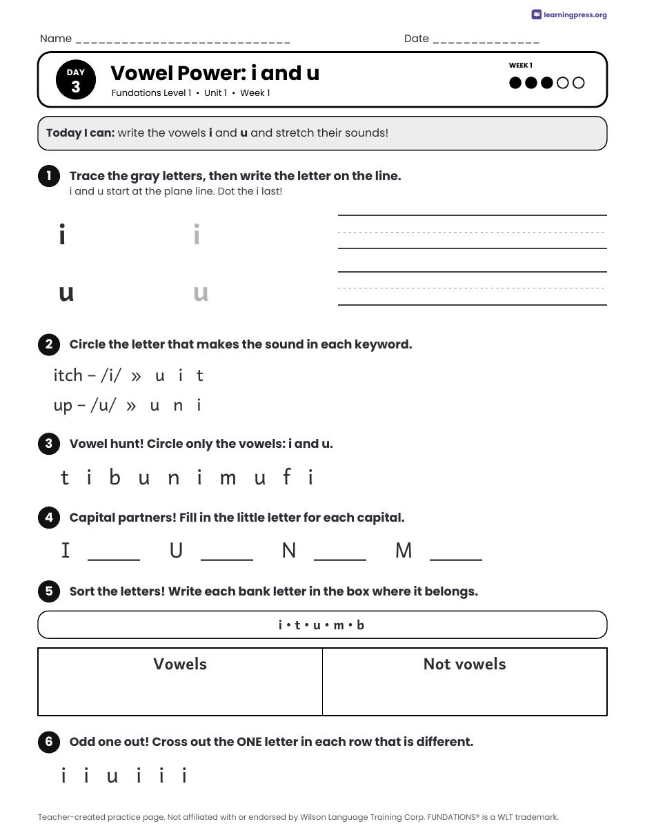 Preview page 3 of Free Fundations Level 1 Unit 1 Daily Lesson Work Pages Sample