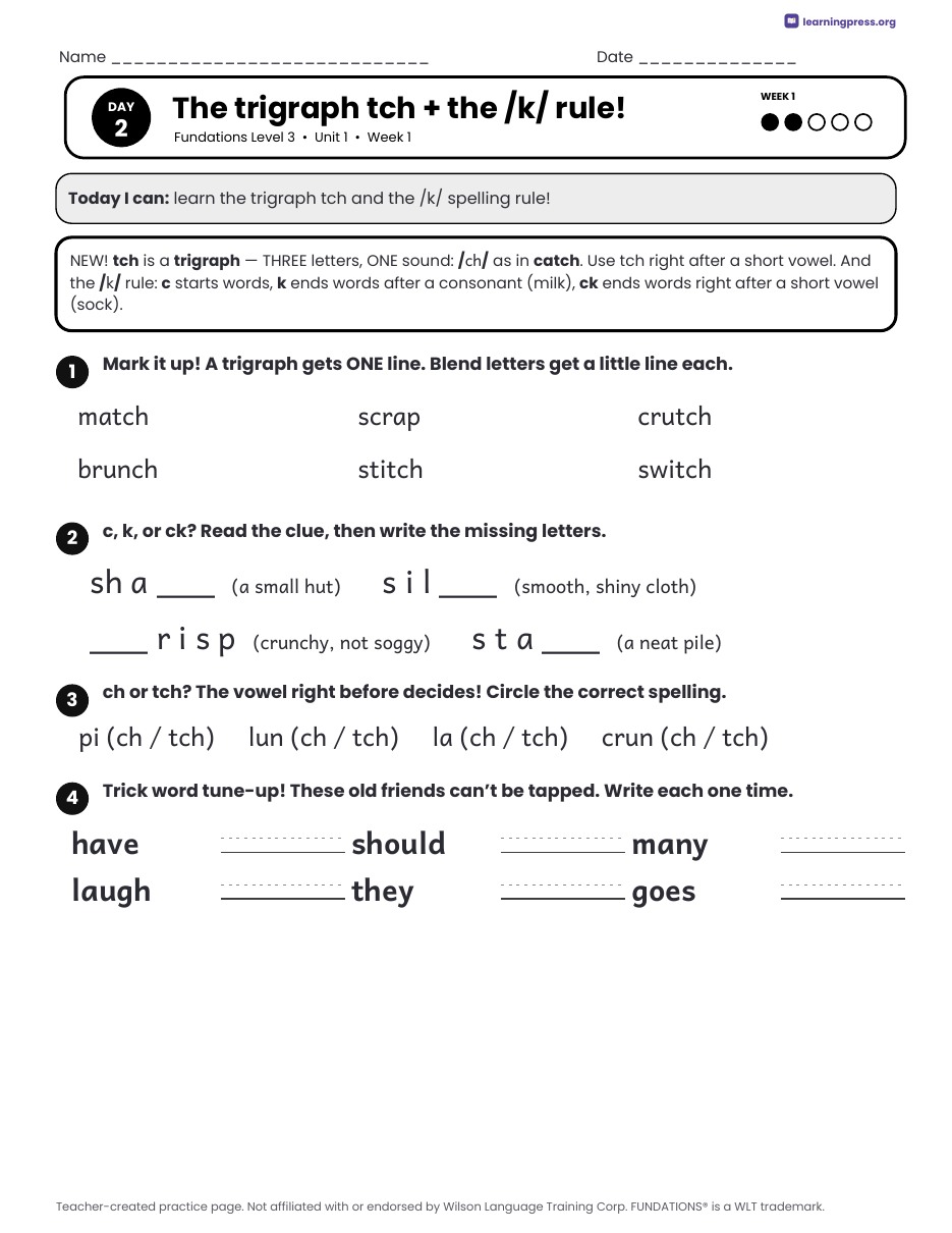 Preview page 2 of Free Fundations Level 3 Unit 1 Daily Lesson Work Pages Sample