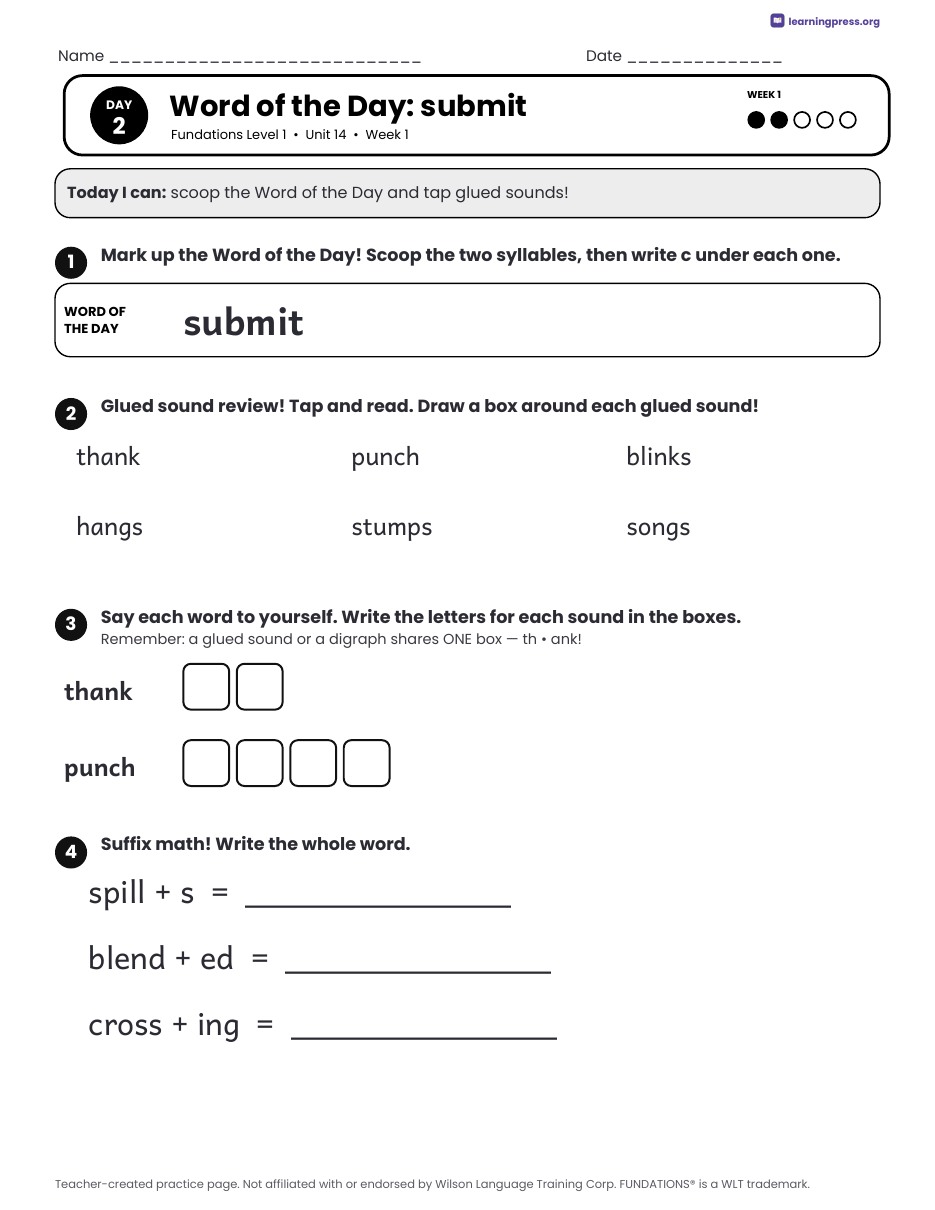 Preview page 1 of Fundations Level 1 Unit 14 Daily Lesson Work Pages