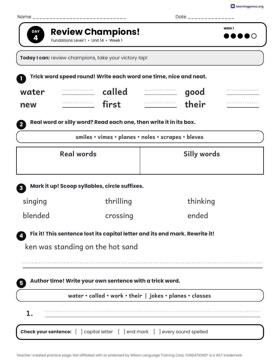 Preview page 2 of Fundations Level 1 Unit 14 Daily Lesson Work Pages