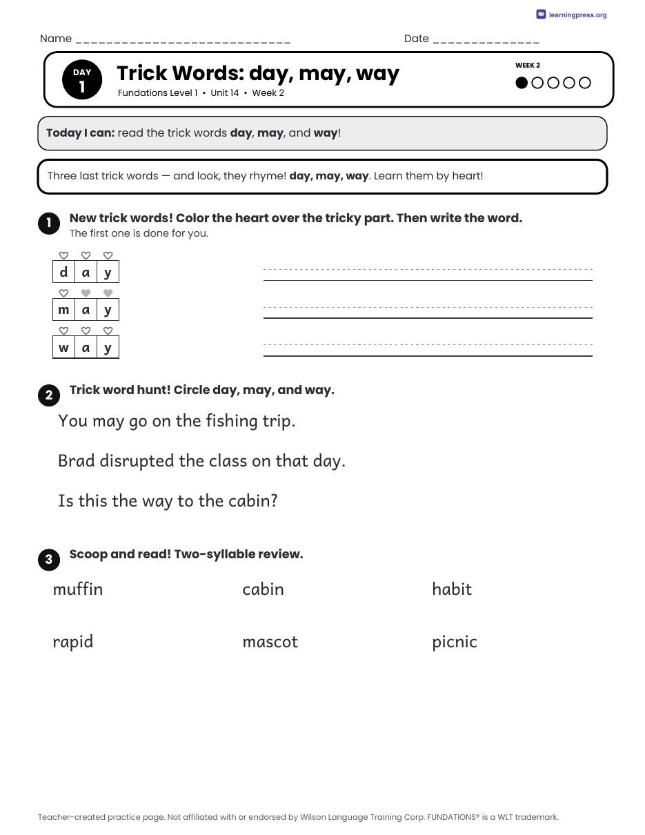 Preview page 3 of Fundations Level 1 Unit 14 Daily Lesson Work Pages