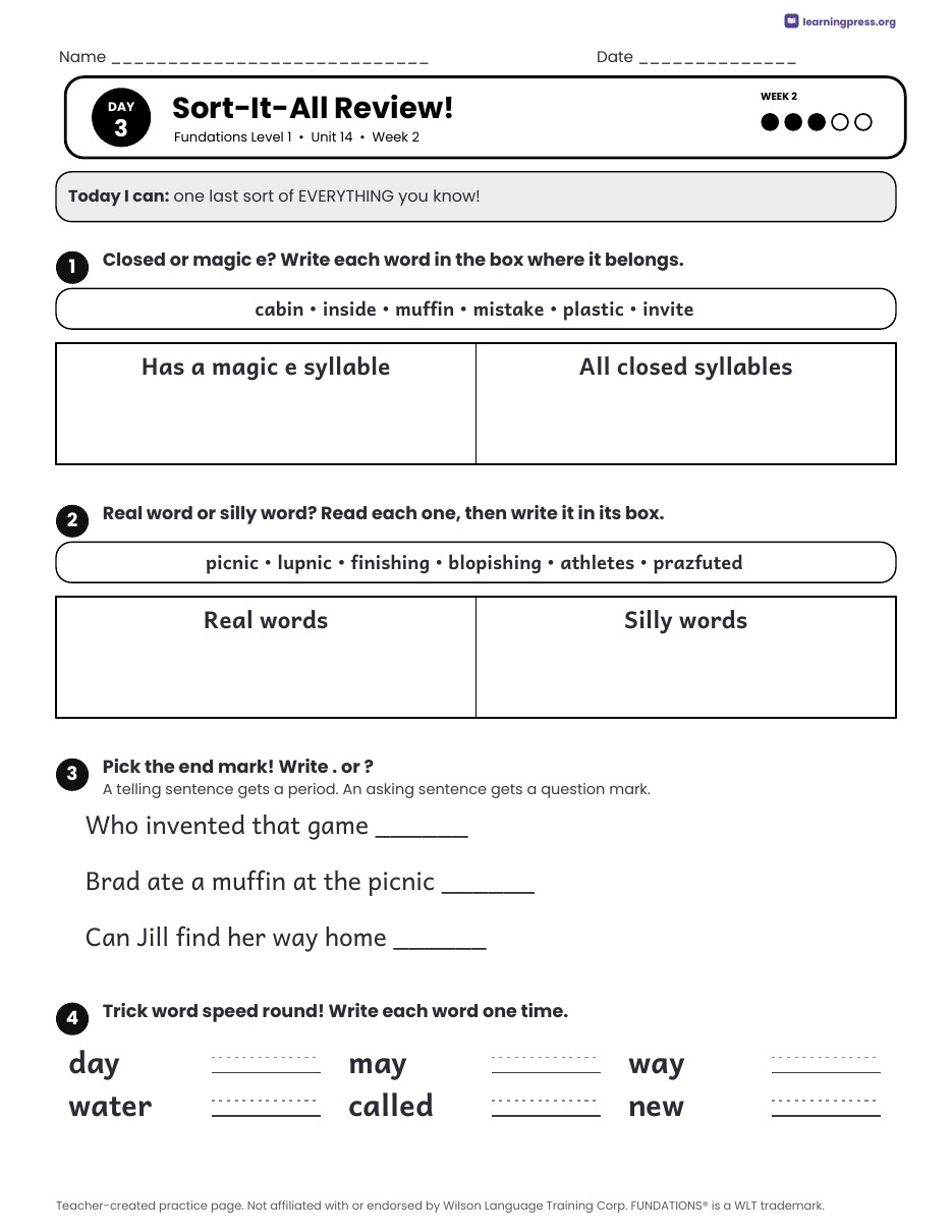 Preview page 4 of Fundations Level 1 Unit 14 Daily Lesson Work Pages