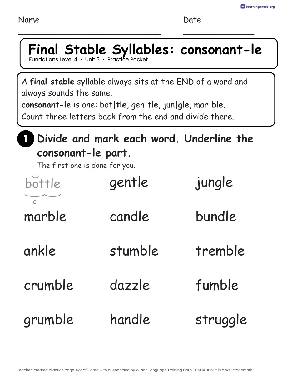 Preview page 1 of Fundations Level 4 Unit 3 Worksheets