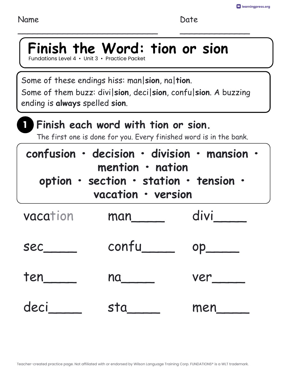 Preview page 2 of Fundations Level 4 Unit 3 Worksheets