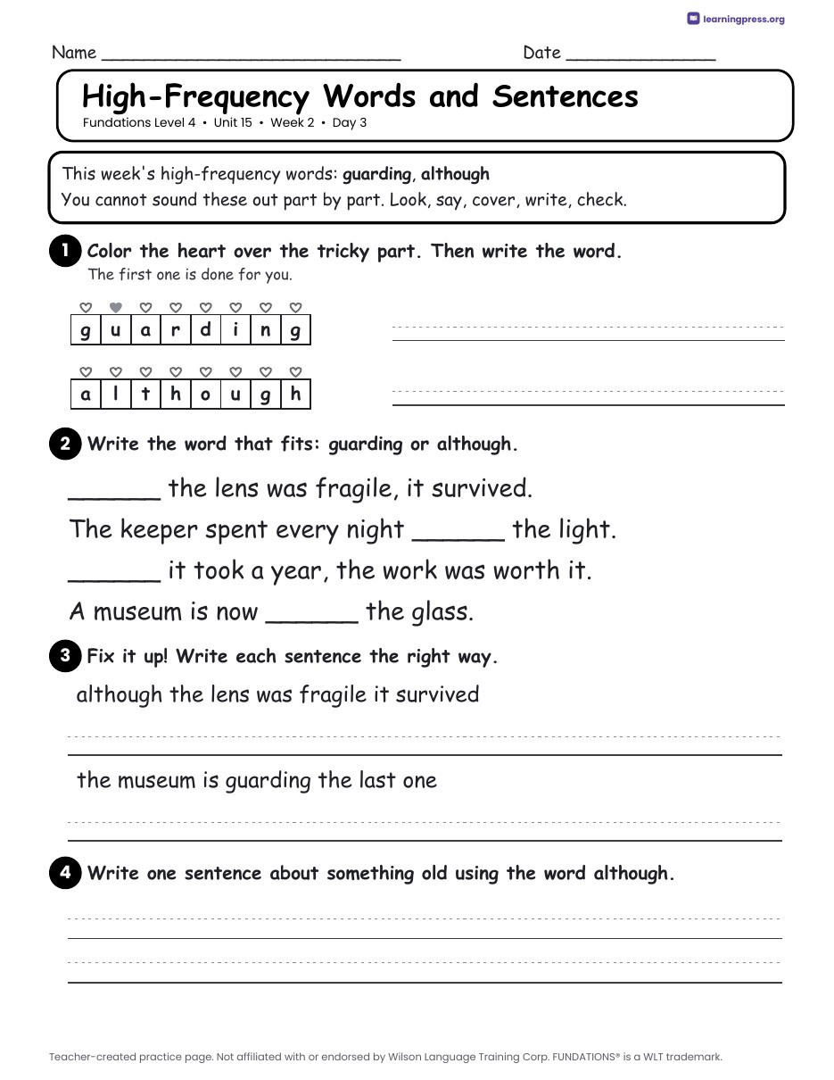 Preview page 4 of Fundations Level 4 Unit 15 Daily Lesson Work Pages