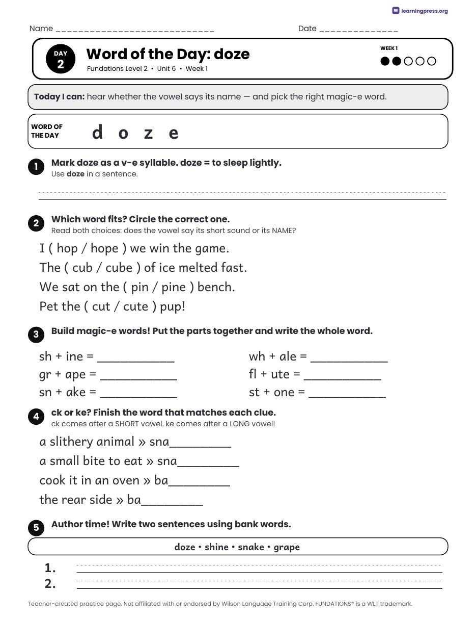 Preview page 1 of Fundations Level 2 Unit 6 Daily Lesson Work Pages