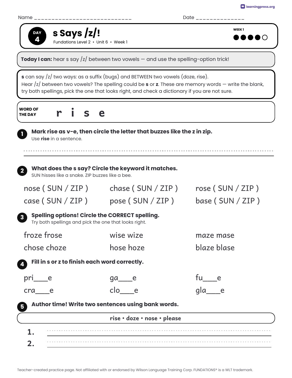 Preview page 2 of Fundations Level 2 Unit 6 Daily Lesson Work Pages