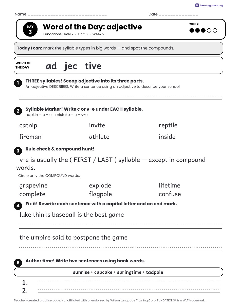 Preview page 4 of Fundations Level 2 Unit 6 Daily Lesson Work Pages