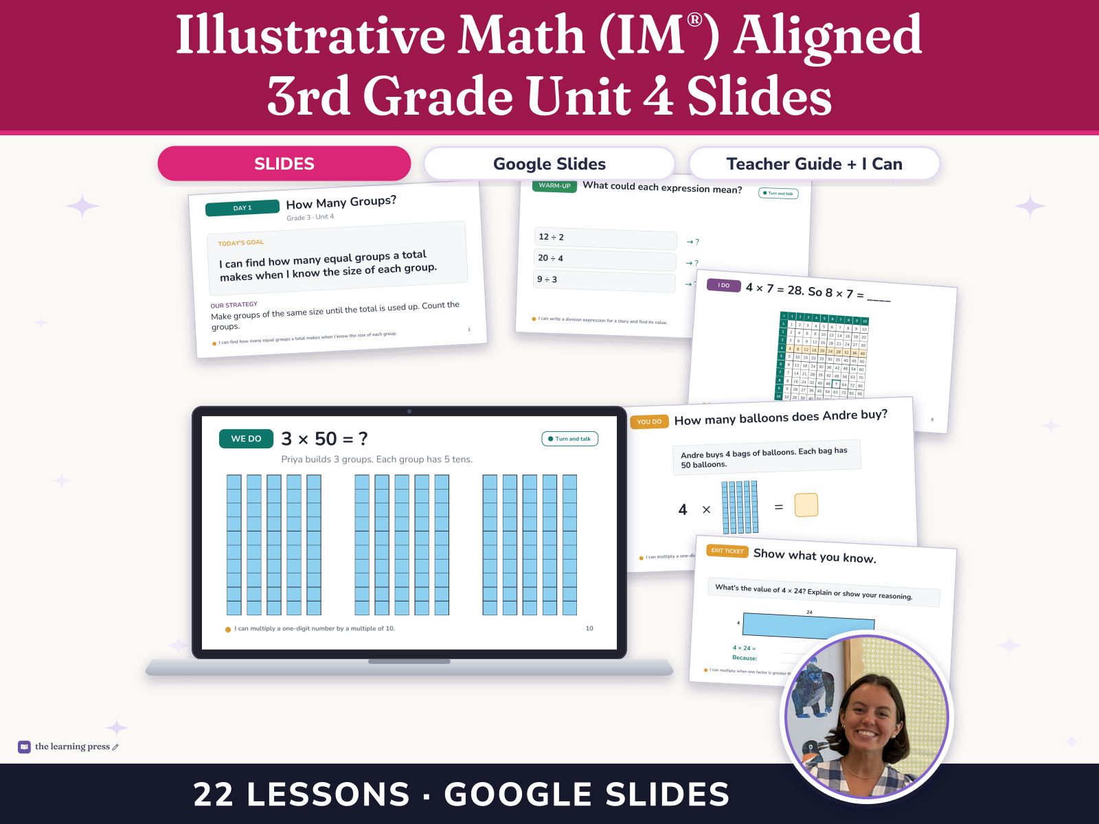 Preview page 1 of Illustrative Math (IM®) Aligned 3rd Grade Unit 4 Slides: Relating Multiplication to Division