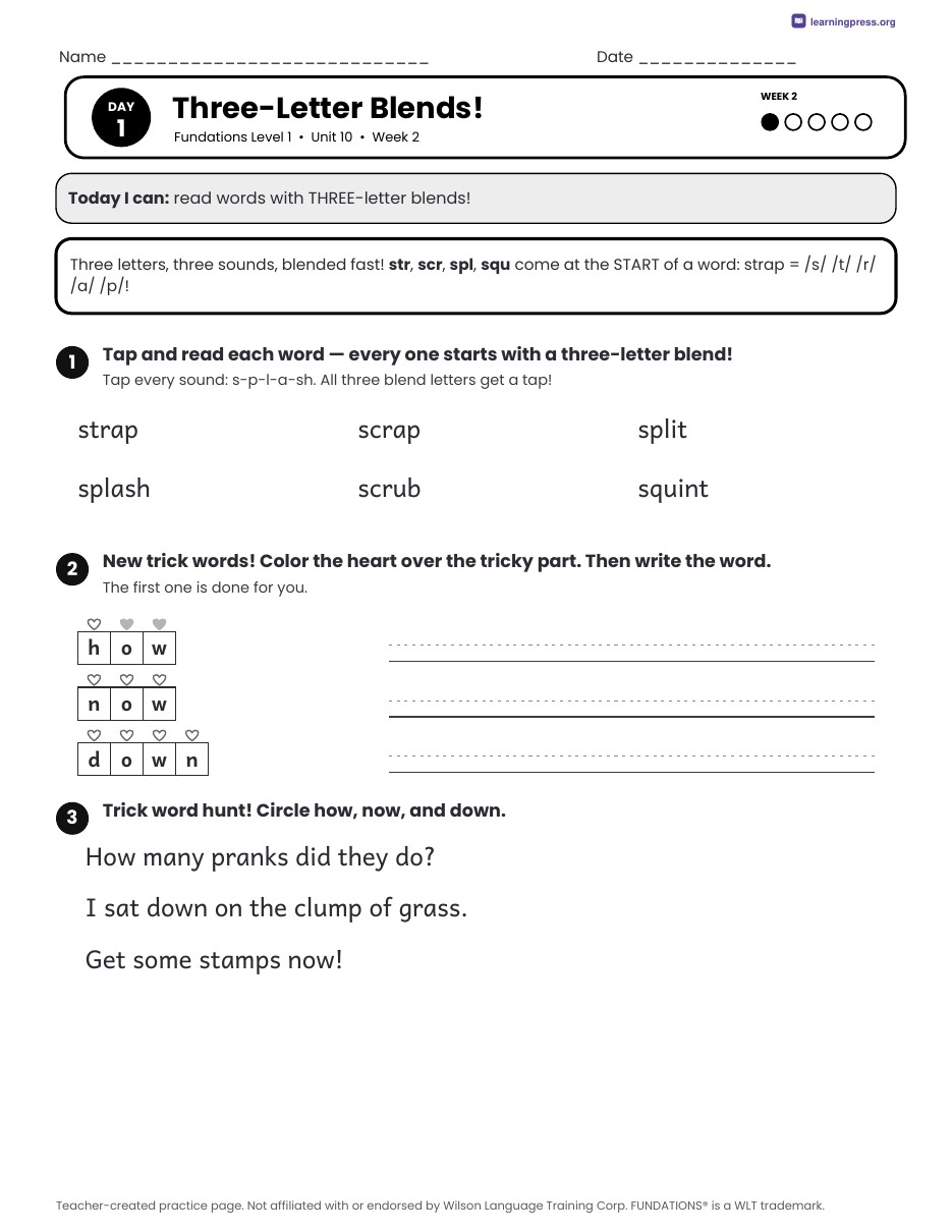 Preview page 2 of Fundations Level 1 Unit 10 Daily Lesson Work Pages