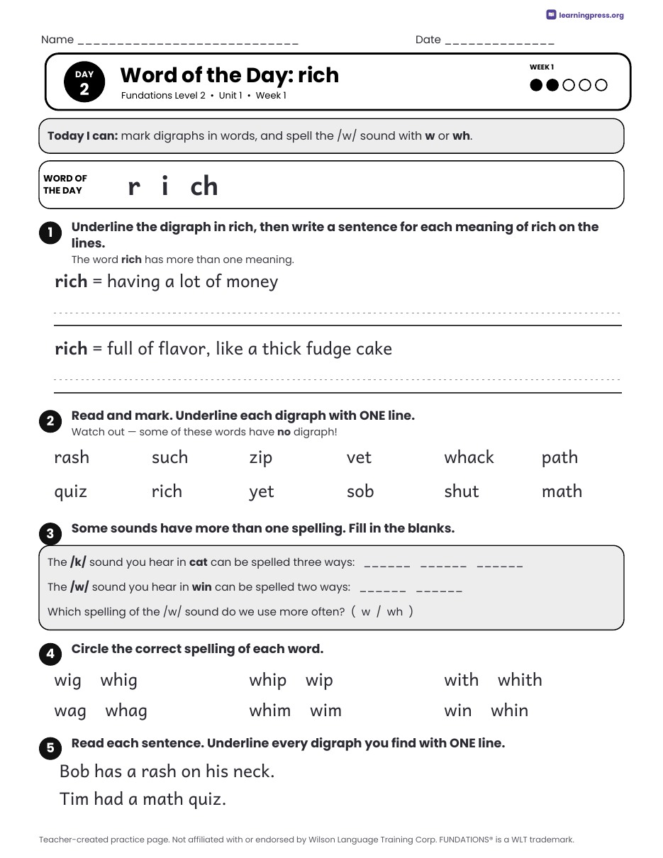 Preview page 1 of Fundations Level 2 Unit 1 Daily Lesson Work Pages