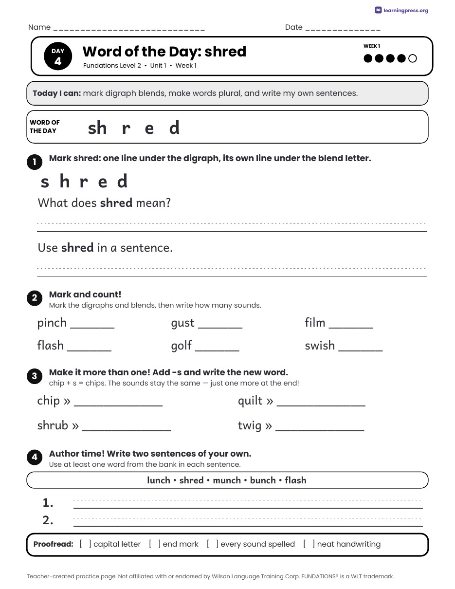 Preview page 2 of Fundations Level 2 Unit 1 Daily Lesson Work Pages