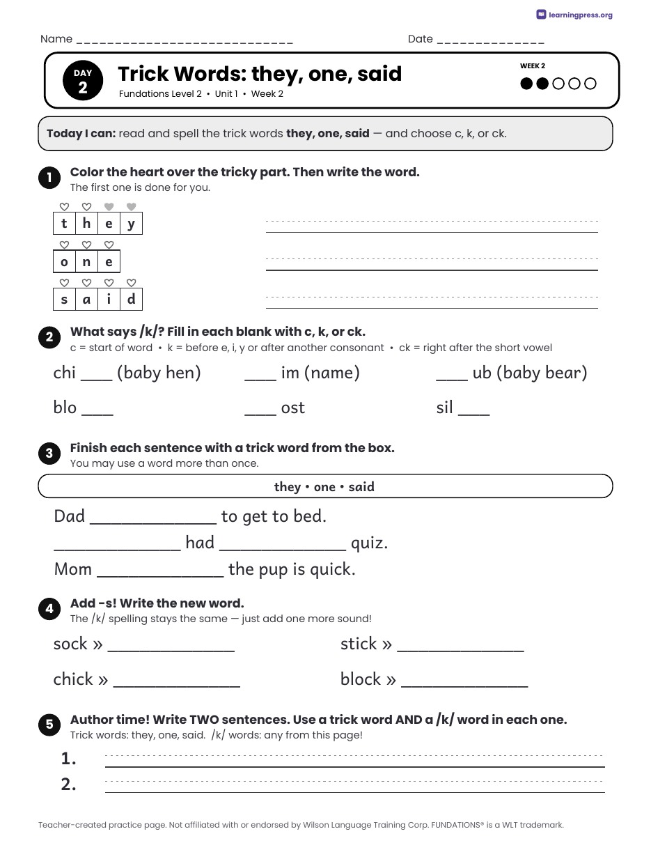 Preview page 3 of Fundations Level 2 Unit 1 Daily Lesson Work Pages