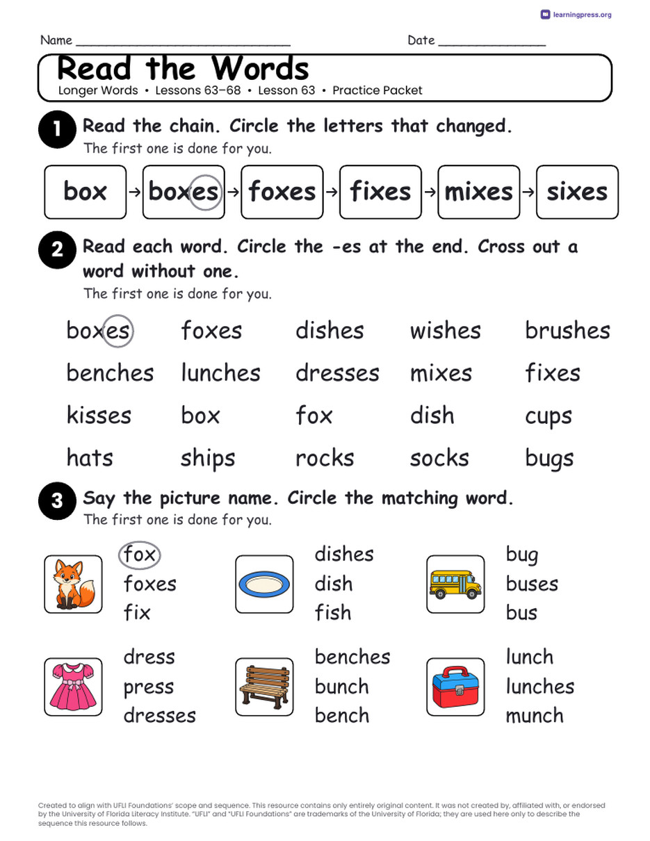 Preview page 2 of UFLI Aligned Worksheets · Lessons 63 – 68 · Longer Words Unit Bundle